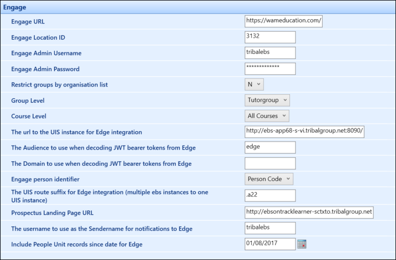 Engage institution settings screen